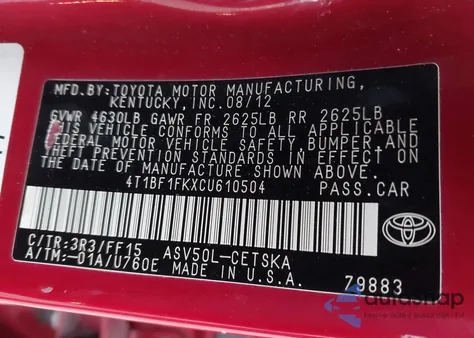 2012 Toyota Camry Se from USA, damaged, VIN 4T1BF1FKXCU610504